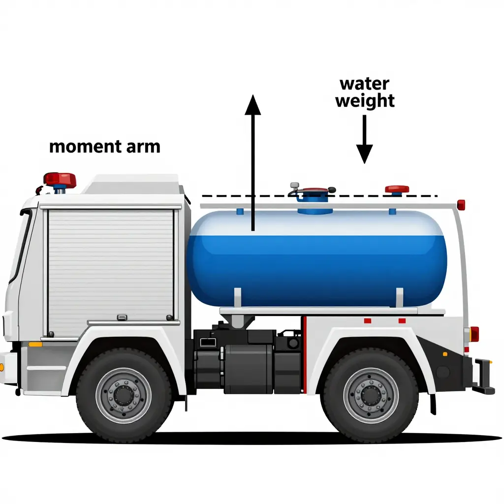 Diagram showing moment arm and shifted centre of gravity in a fire truck