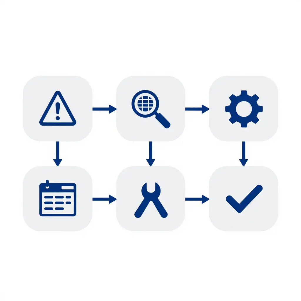 Minimalist two-dimensional flowchart with five sequential blocks connected by directional arrows showing fault reporting, diagnostic scan, parts identification against a shared component catalog, repair execution, and return to service