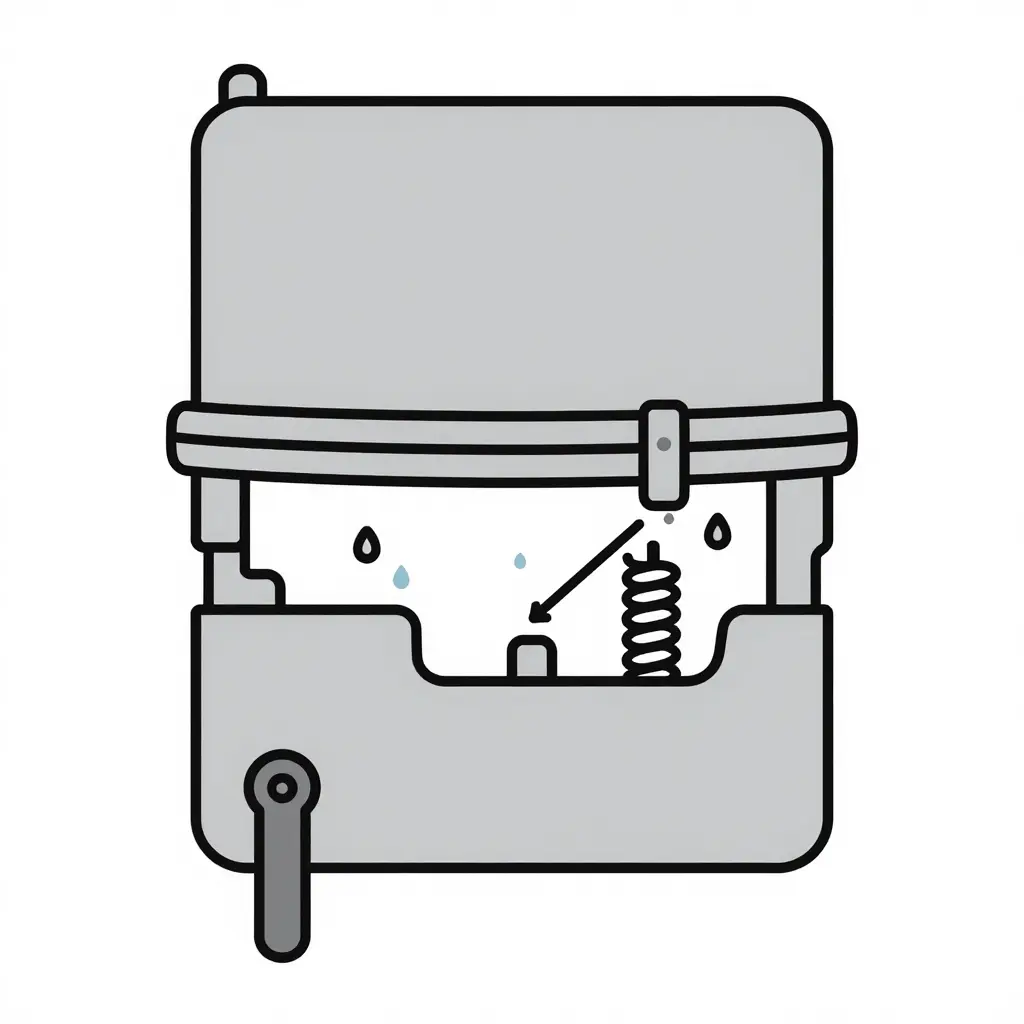 Minimalist 2D cross-section line diagram of a truck air brake chamber showing the housing halves, diaphragm, pushrod, return spring and clamp band, with an arrowed pathway tracing moisture and condensation entry through the vent near the clamp band