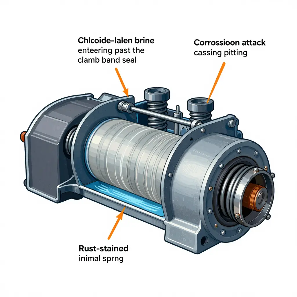 Technical cutaway diagram of a heavy truck air brake chamber showing brine ingress at the clamp band, water pooling in the housing, and a rust-affected internal spring