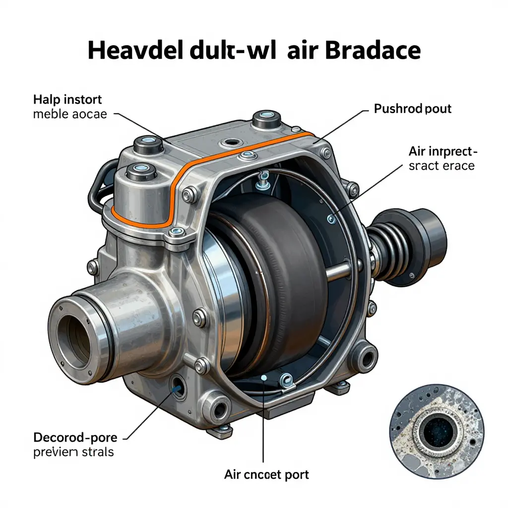 Cutaway diagram of a truck air brake chamber showing corrosion-prone zones at the clamp band seam, mounting bracket and bolts, pushrod boot, air inlet port, and interior return spring