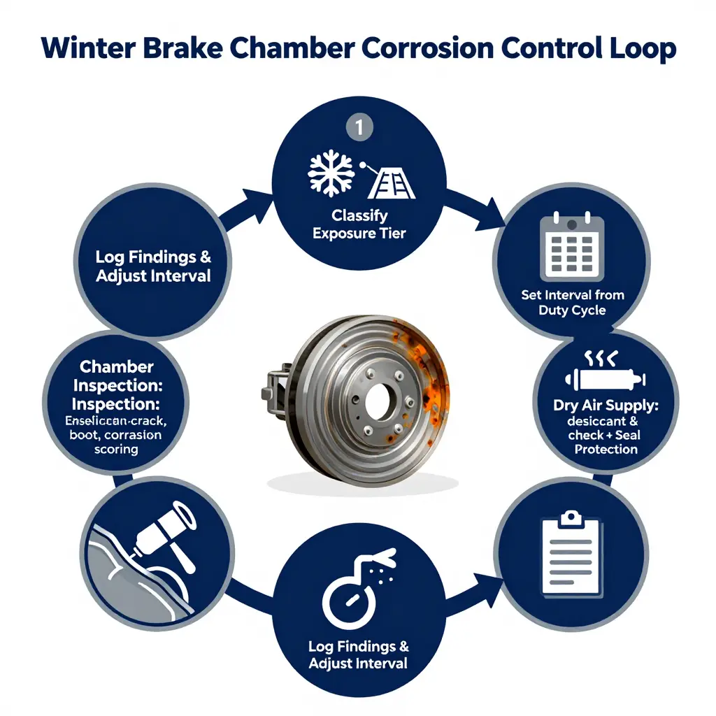 Six-step winter brake chamber corrosion control loop: classify exposure, set interval, dry the air supply, dry down after washing, inspect chambers, and log findings to adjust intervals