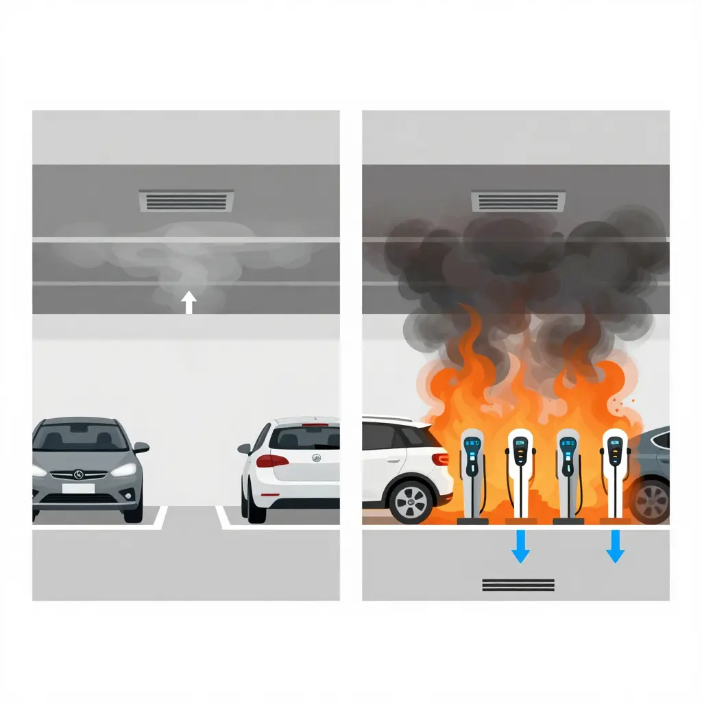 Cross-section diagram of a mall parking garage comparing wide EV charger spacing with tightly clustered bays, showing heat plumes, a rising smoke layer, ceiling exhaust fans and floor-level make-up air arrows