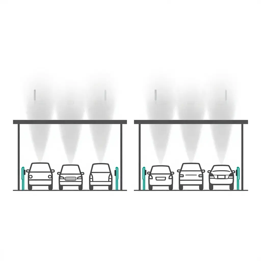 Side-view schematic of a garage showing charging bays at wide and tight spacing, a grey smoke layer rising toward ceiling extraction openings, and a low-level make-up air inlet
