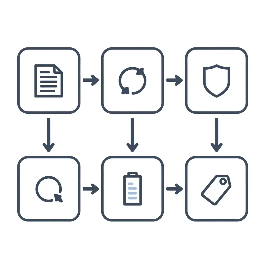 Five-step schematic flow diagram for evaluating a used EV pickup battery before purchase: request an SOH report, review charging-cycle history, verify warranty coverage, confirm usable capacity, and compare against the asking price.