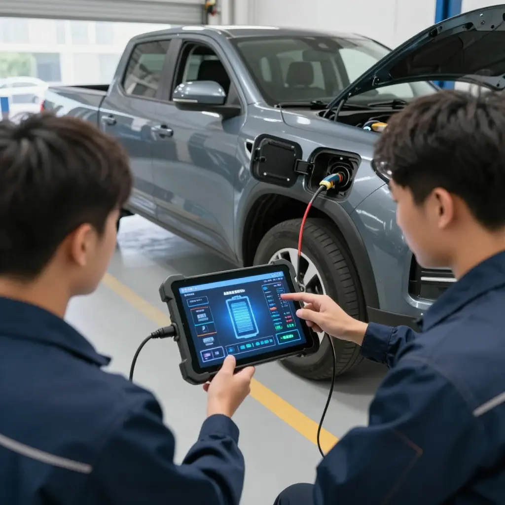 Technician using a diagnostic tablet to read a used EV pickup battery's state of health