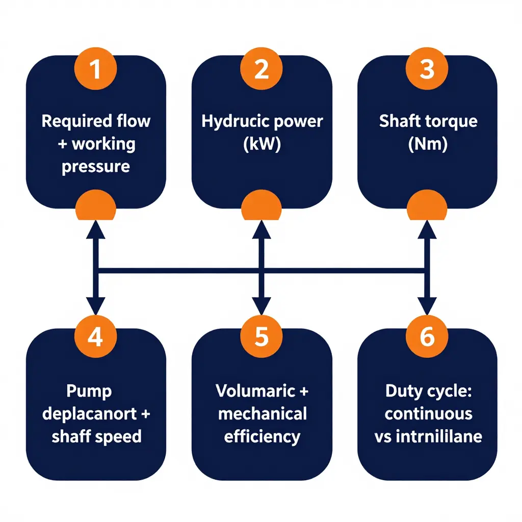 Flow diagram of the torque demand chain: required flow and working pressure, hydraulic power, pump displacement and shaft speed, shaft torque, efficiency correction, duty cycle rating
