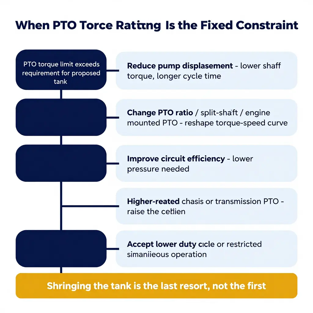 Flowchart of five options for matching tank size to a fixed PTO torque rating: reduce pump displacement, change PTO ratio or split-shaft PTO, improve circuit efficiency, upgrade chassis PTO rating, or accept a reduced duty cycle