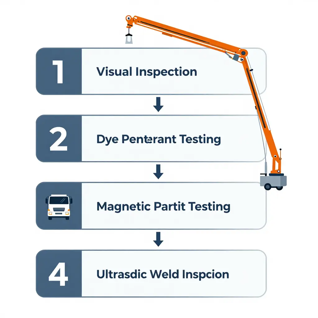 Four-step boom weld inspection sequence: visual inspection, dye penetrant testing, magnetic particle testing, and ultrasonic weld inspection