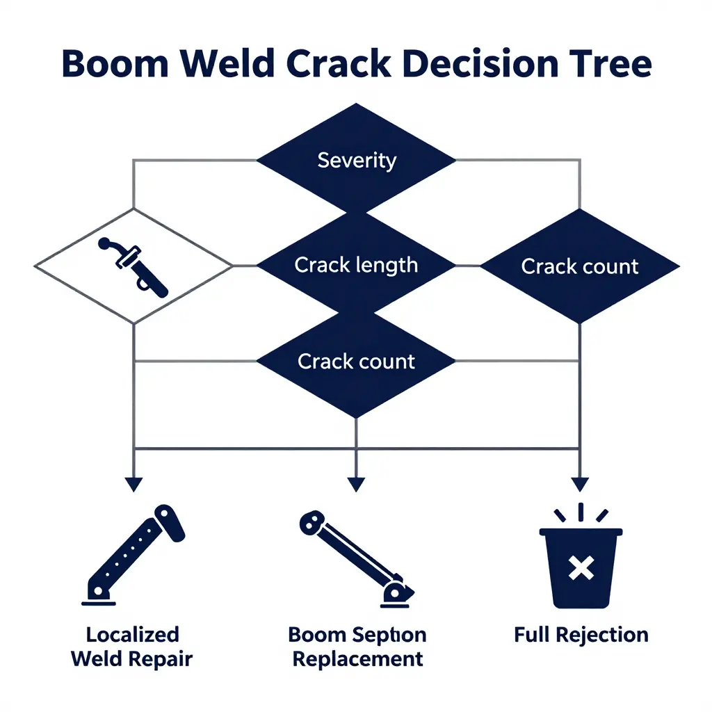 Boom weld crack decision tree showing localized weld repair, structural reinforcement, boom section replacement, and full rejection branches