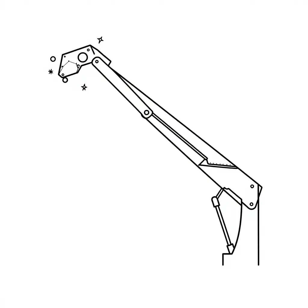Minimalist 2D schematic of a concrete pump truck boom arm marking crack-prone zones such as weld toes, hinge pin joints, hydraulic ram anchor welds, and boom section interfaces with simple circles and arrows.