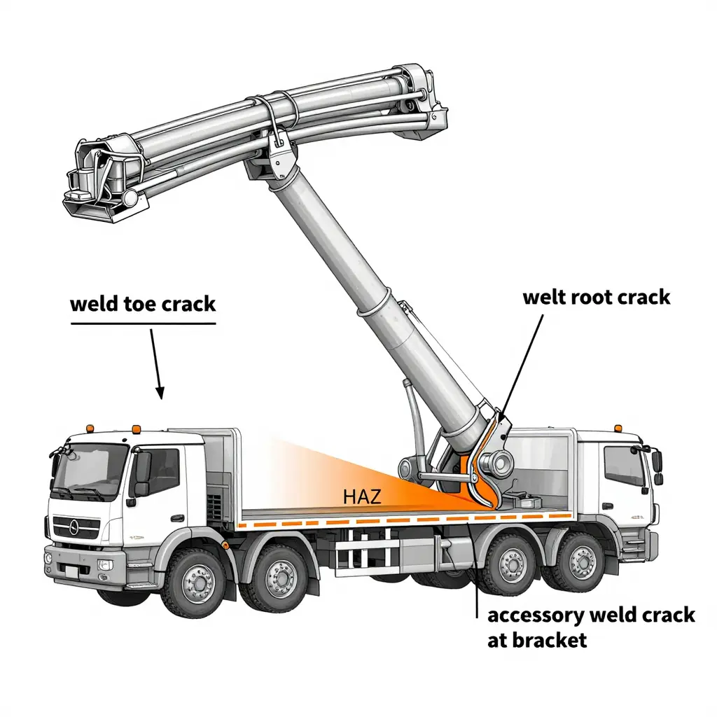 Technical cutaway diagram of a concrete pump truck boom showing weld toe crack, weld root crack, accessory weld crack at bracket, and the heat-affected zone (HAZ)