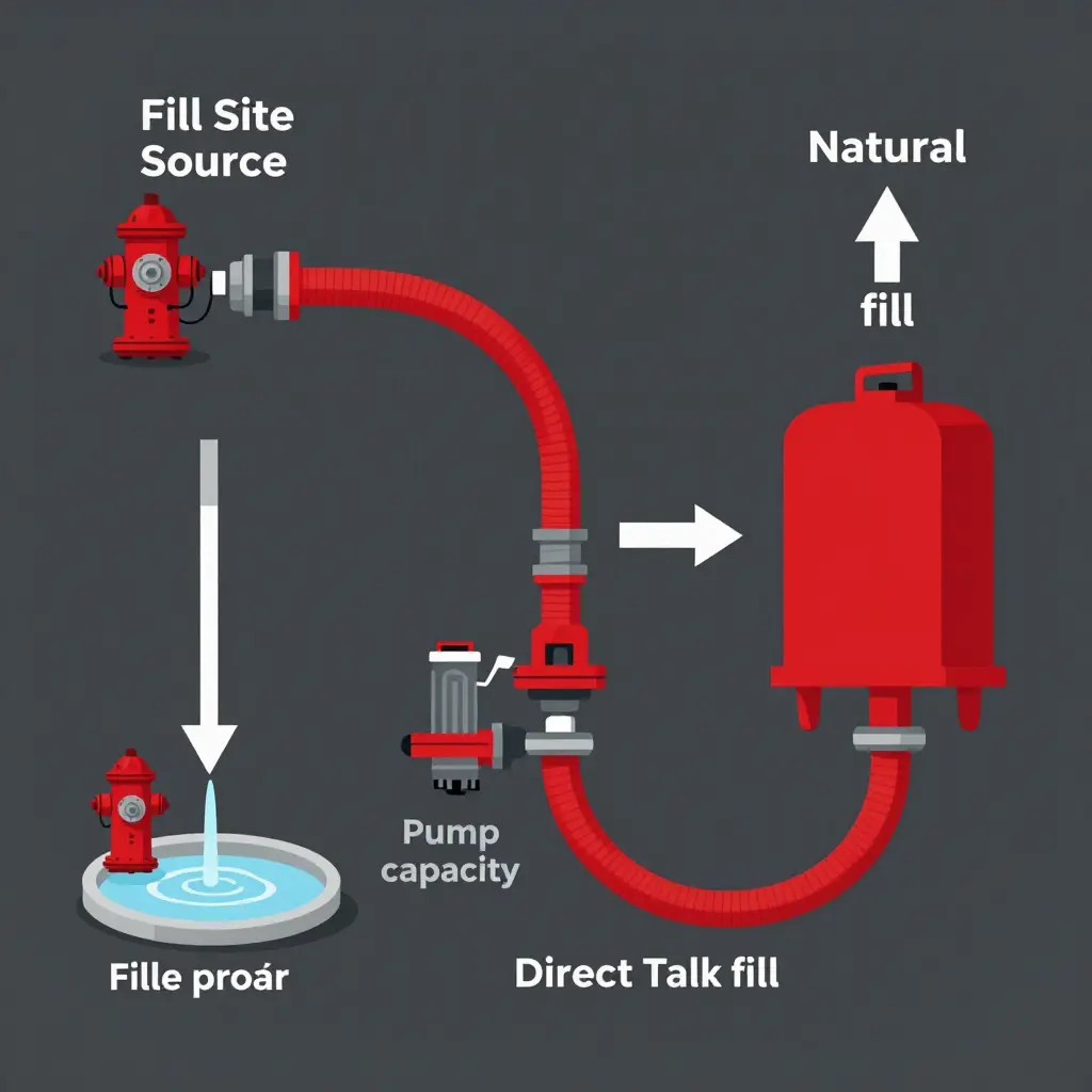 Technical diagram of a pumper tanker fill path showing the source, hose, intake configuration, pump, and tank