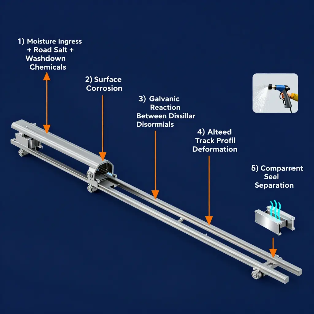Diagram showing the corrosion cascade in rescue truck roll-up door tracks, from moisture and road salt exposure through surface corrosion, galvanic reaction, track profile deformation, altered door travel, and compartment seal separation.