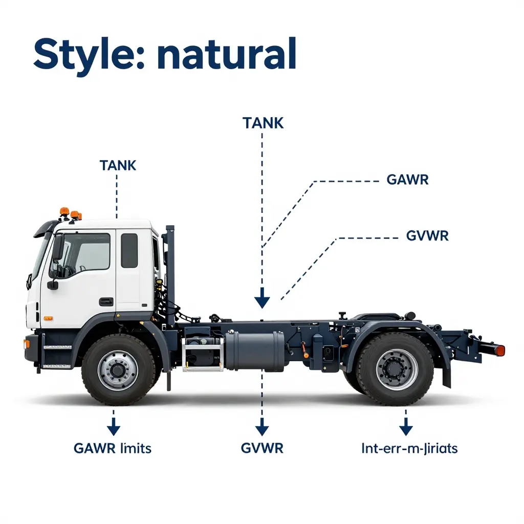 Engineering infographic of a rescue truck chassis showing front and rear axle GAWR limits, GVWR, weight distribution arrows, and a center-of-gravity marker
