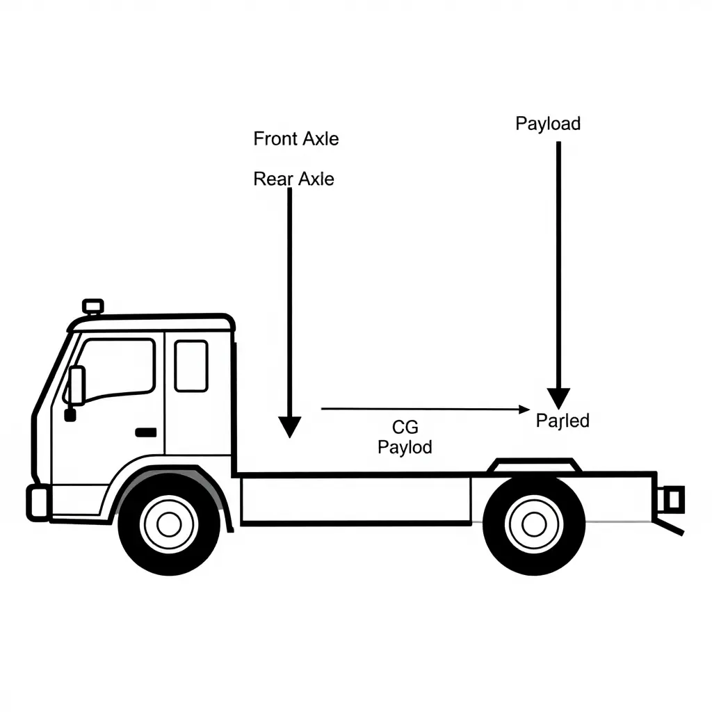 Flat 2D technical schematic of a rescue truck chassis in side profile showing front and rear axle weight distribution, with downward load arrows of different lengths at each axle above a horizontal datum line and short labels for front axle, rear axle, CG, payload, and wheelbase