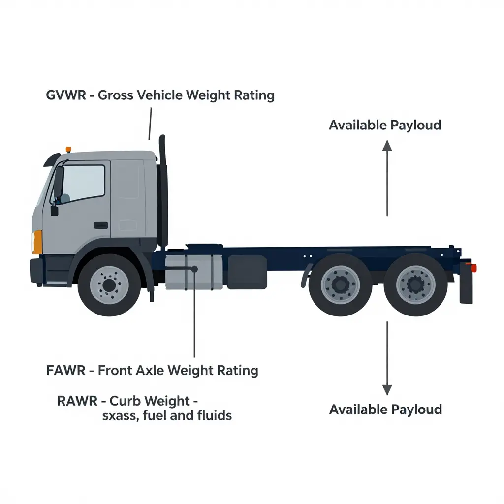 Labeled diagram of a truck chassis showing GVWR, FAWR, RAWR, curb weight and available payload