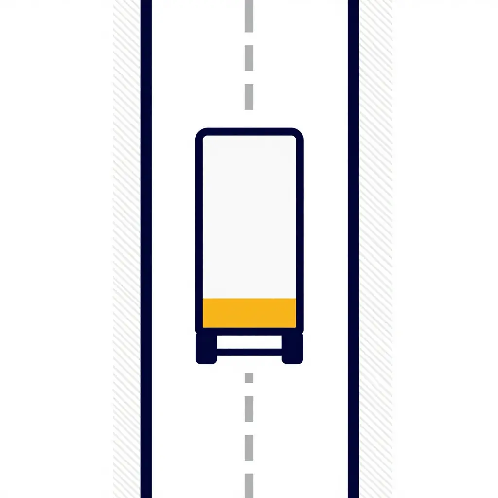 Flat-vector 2D schematic comparing a compact fire apparatus footprint against a narrow rural lane corridor, showing lane boundary lines, wheel positions, and shaded clearance margins