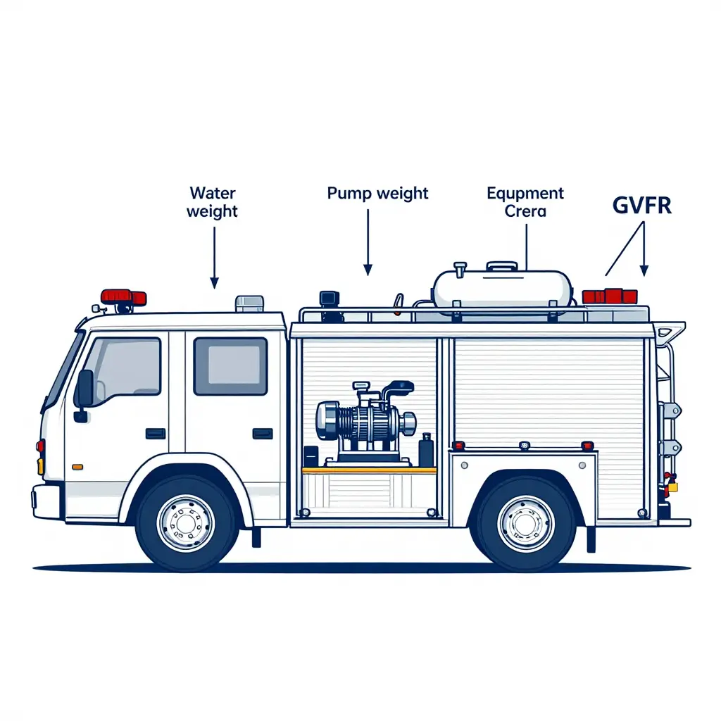 Axle load distribution on a small fire truck showing the front and rear GVWR split, the water tank positioned over the rear axle, and the pump module mid-ship