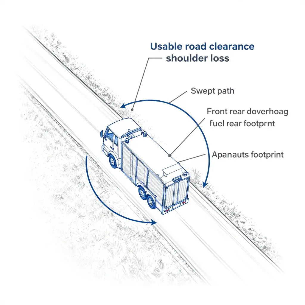 Diagram of a small fire apparatus turning envelope on a narrow rural lane, labeling lane width, shoulder loss, wheelbase, track width, and swept path