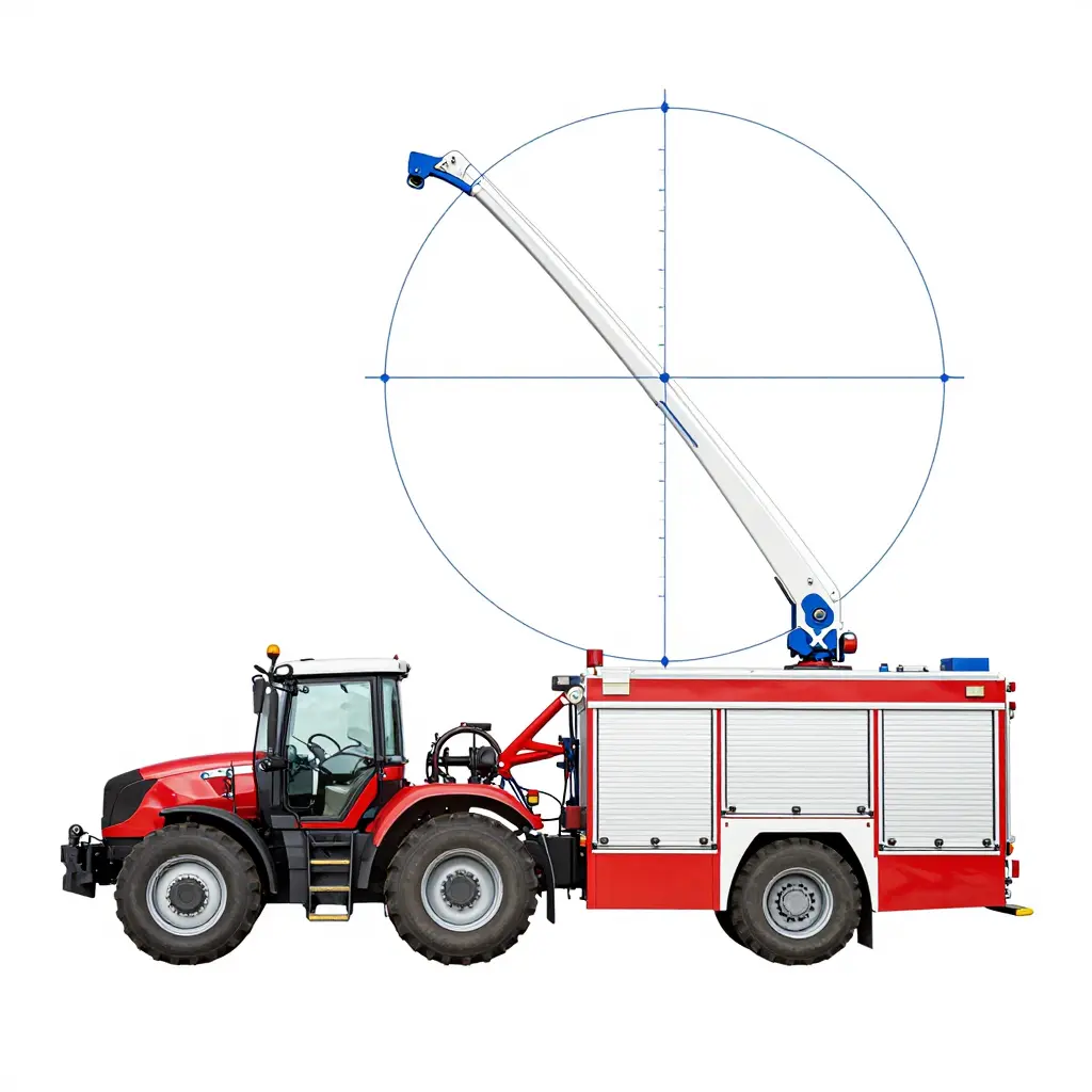 Schematic diagram of a tractor-drawn aerial fire truck in a tight turn, labeling the front steering pivot, articulation joint, rear steering axle, wheelbase, overhang, and turning radius arcs.