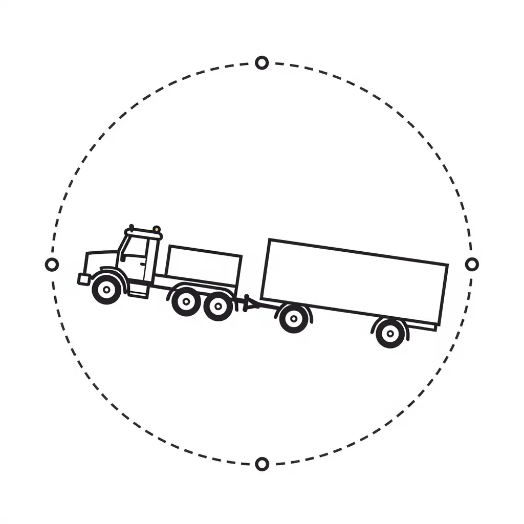 Minimalist 2D line diagram of a tiller fire truck showing the tractor front axle, the articulation or pintle point, and the trailer rear steering axle, with curved dashed sweep paths tracing the front and rear arcs during a turn