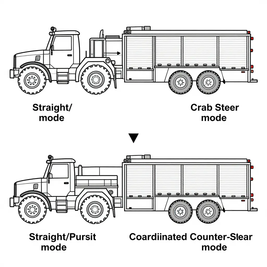 Top-down engineering schematic of a tiller fire truck showing three rear steering modes: straight/pursuit, crab steer, and coordinated counter-steer, with wheel-angle arrows indicating direction of travel.