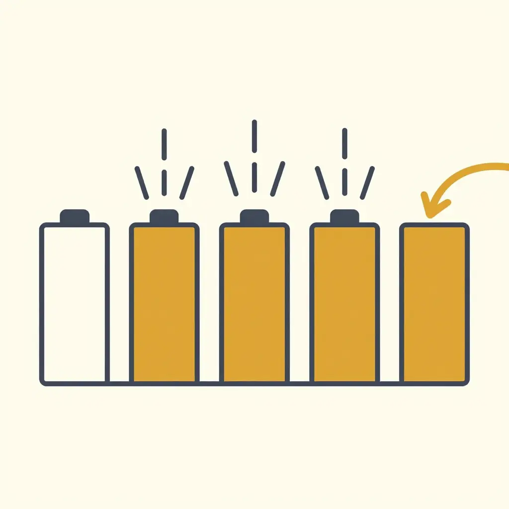Minimal two-dimensional schematic showing thermal runaway propagating across a row of adjacent battery cells, with escalating shading and radiating heat arrows, plus a cooling-agent intervention arrow