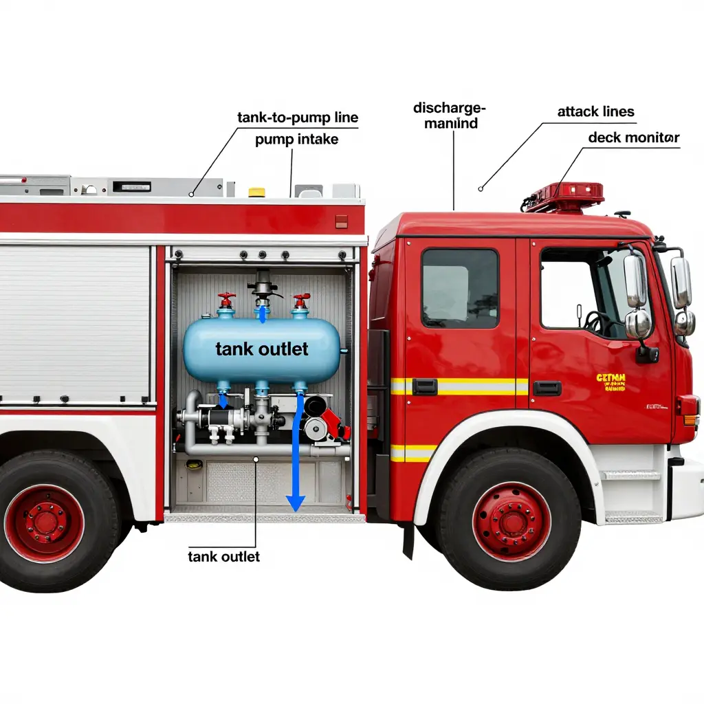 Cutaway diagram of the pump-and-roll water path on a truck pumper, showing the tank outlet, tank-to-pump line, pump intake, and discharge manifold feeding attack lines and a deck monitor.