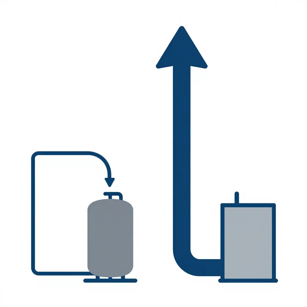 Side-by-side comparison of two tank-to-pump line configurations: on the left, an undersized thin line feeding a pump with a small flow arrow; on the right, an adequately sized wide line feeding the same pump with a large, bold flow arrow.