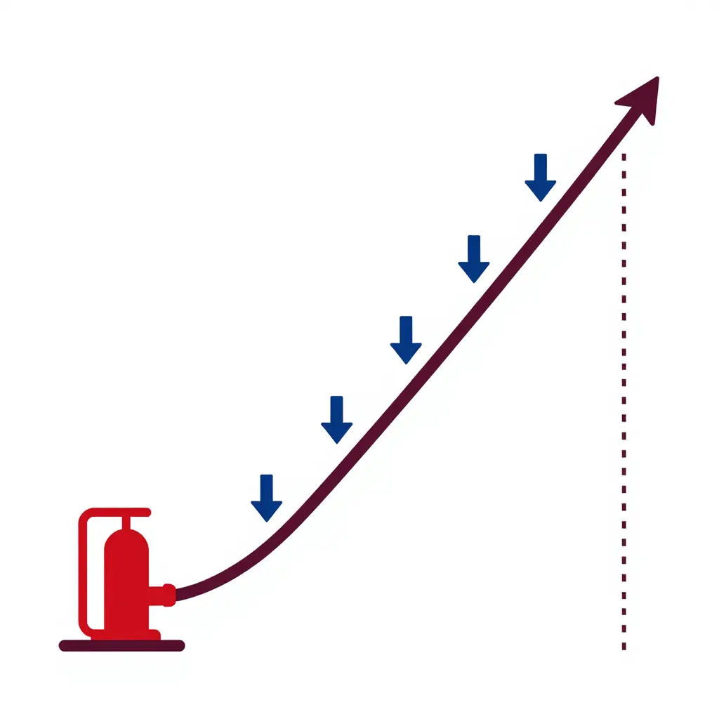 Minimalist 2D schematic showing a simplified pump at the base of a slope, a hose line ascending the incline, stacked downward arrows representing accumulating friction loss, and an upward arrow for elevation head gain