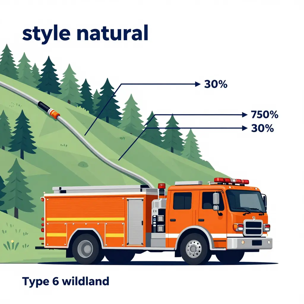 Type 6 wildland engine performing pump operations on a steep slope, with a hose line running uphill and pressure-loss annotations