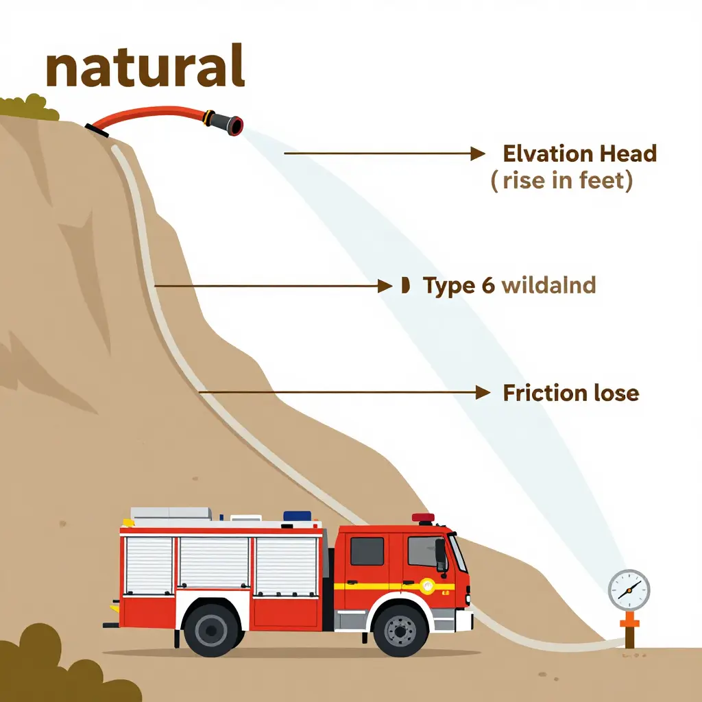 Diagram of a Type 6 wildland engine pumping uphill, showing elevation head and friction loss along the hose lay