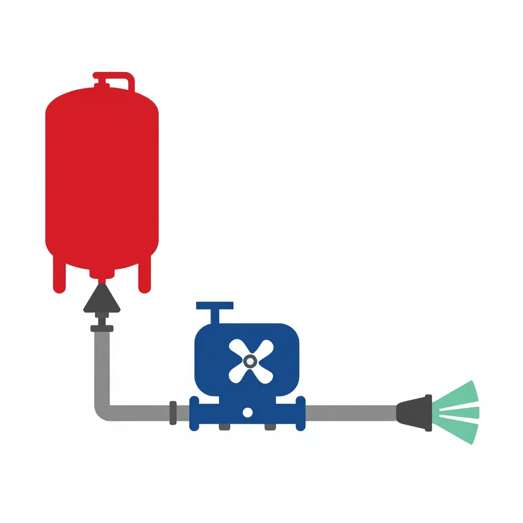 Flat 2D schematic diagram of an ARFF foam system showing the foam concentrate tank, proportioner, water pump, mixing point, piping, and turret/nozzle output with directional flow arrows