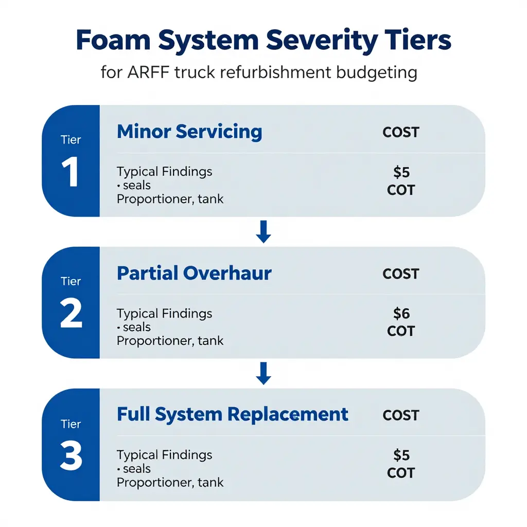 Diagram of the three foam system severity tiers used to build an ARFF truck refurbishment budget
