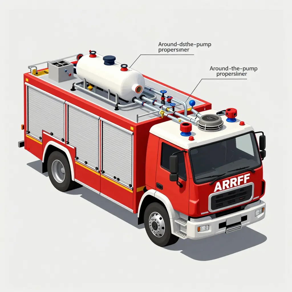 Cutaway schematic of an Oshkosh ARFF truck foam system showing concentrate tank, pump, proportioner, valves, piping, turret and control electronics